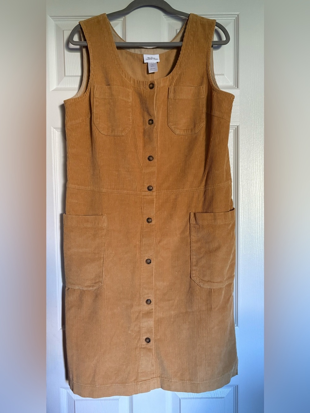 ‘The Vermont Country Store’ Corduroy Button-Front Jumper Dress in Camel
